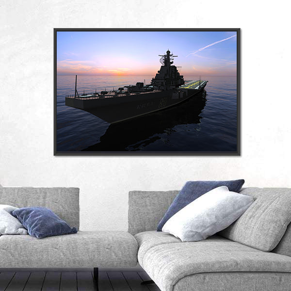 Naval Warship at Sunset Canvas Wall Art