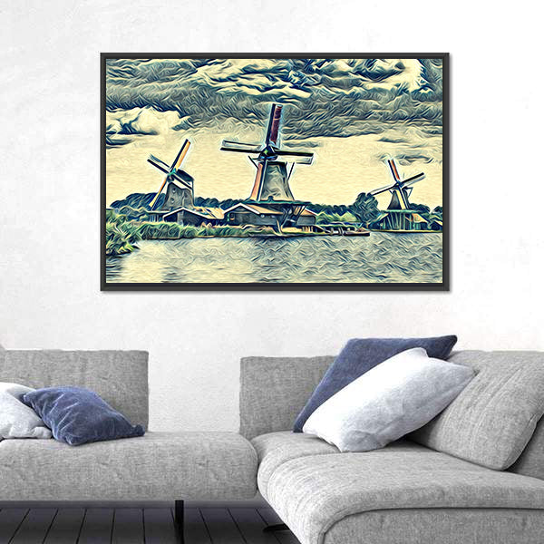Vintage Dutch Windmills Landscape Canvas Wall Art