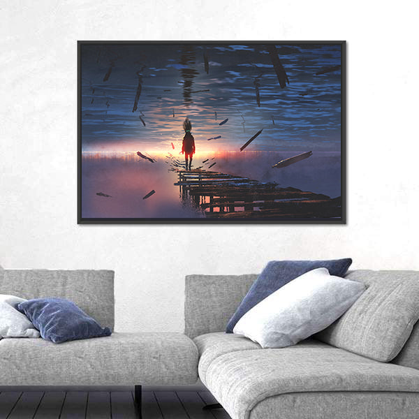 Hooded Figure on Broken Bridge Canvas Wall Art