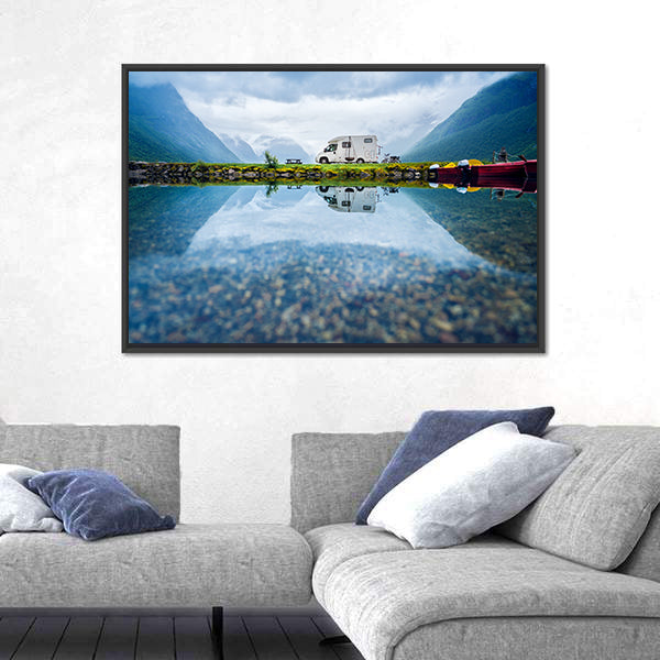 Motorhome by Mountain Lake, Norway Canvas Wall Art