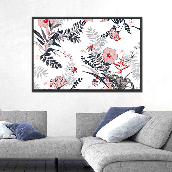 Hibiscus and Tropical Leaves Pattern Canvas Wall Art