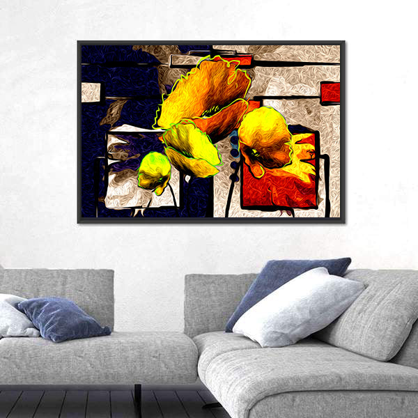 Yellow Poppy Abstract with Geometric Background Canvas Wall Art