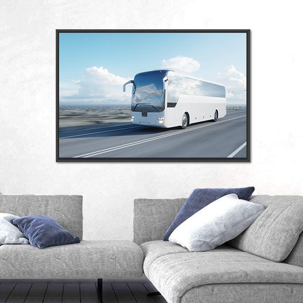 White Coach Bus on Highway Canvas Wall Art