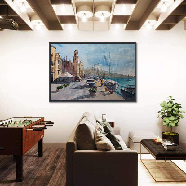 Harbor Town Sketch with Clock Tower Canvas Wall Art