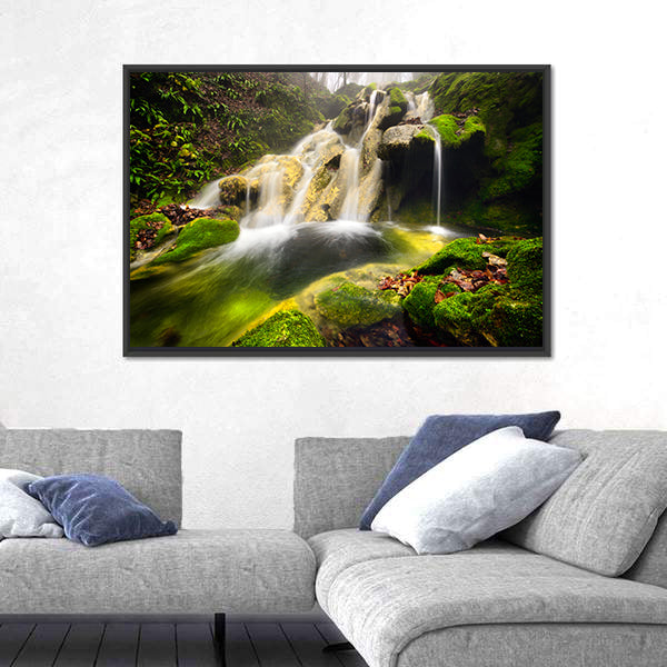 Forest Waterfall with Moss-covered Rocks Canvas Wall Art