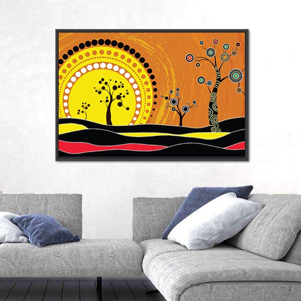 Aboriginal-style Sunset on Rolling Hills Canvas Wall Art