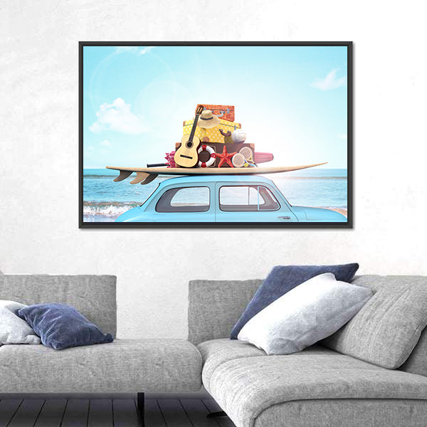 Vintage Beach Car with Surfboard Canvas Wall Art