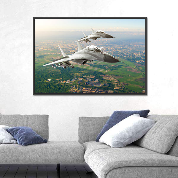Twin Fighter Jets Over Airfield Canvas Wall Art