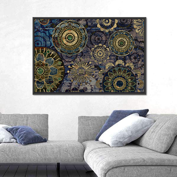 Vintage Floral Mandala Abstract in Navy and Gold Canvas Wall Art