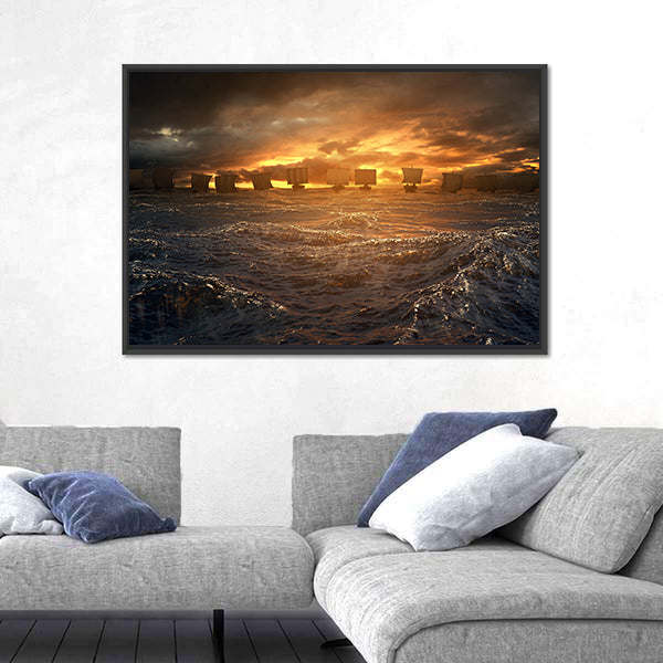Viking Longships at Stormy Sunset Canvas Wall Art