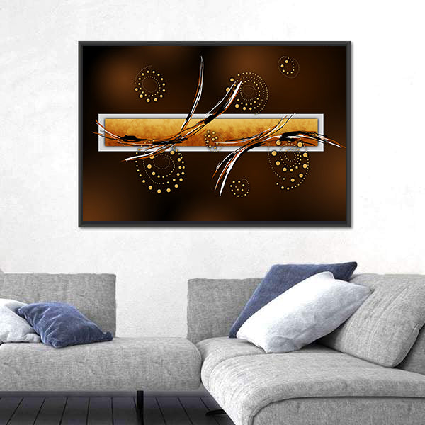 Ochre Rectangle with Gold Spiral Dots Canvas Wall Art