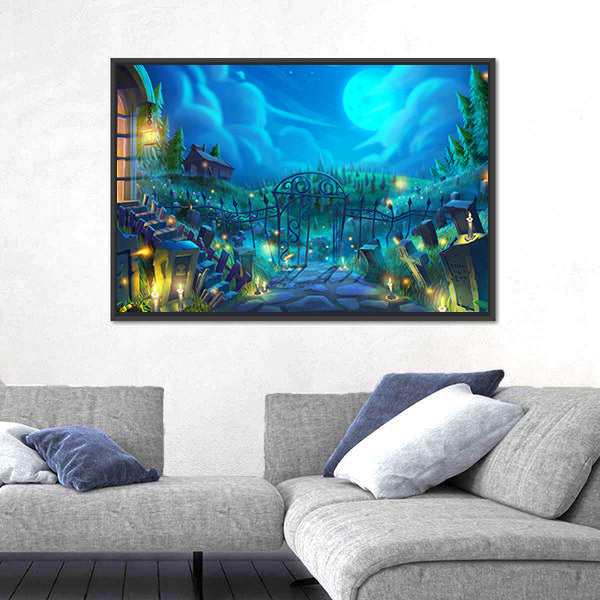 Moonlit Graveyard with Iron Gate Canvas Wall Art
