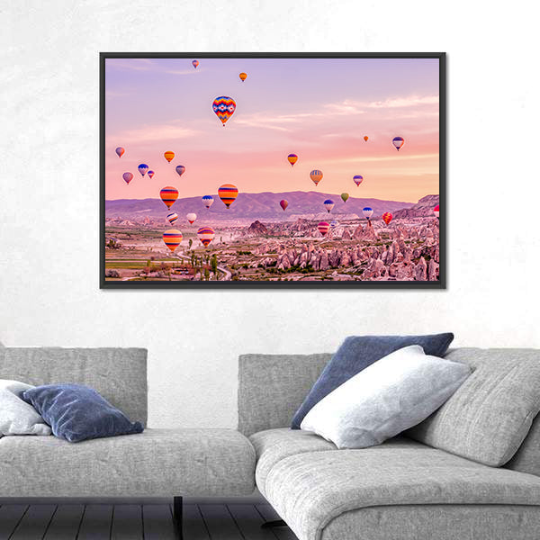 Hot Air balloons Flying Over Rock Landscape At Cappadocia Canvas Wall Art