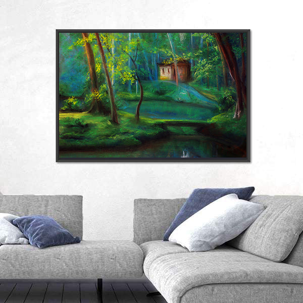 Fairy Tale Forest Cabin at Dusk Canvas Wall Art