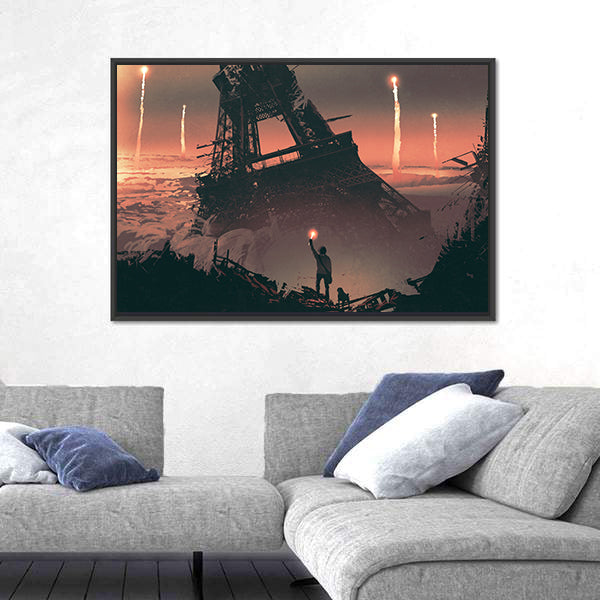 Silhouetted Man at Crumbling Eiffel Tower Canvas Wall Art