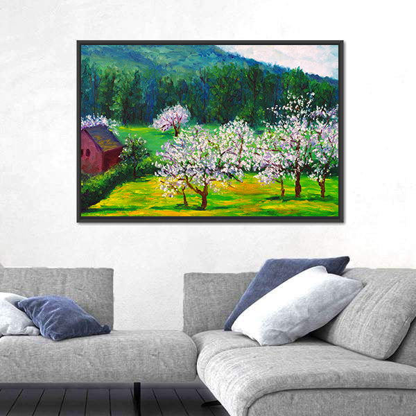 Plum Blossom Orchard with Red Barn Canvas Wall Art