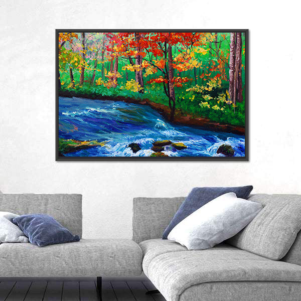 Autumn Maple by Flowing Stream Canvas Wall Art