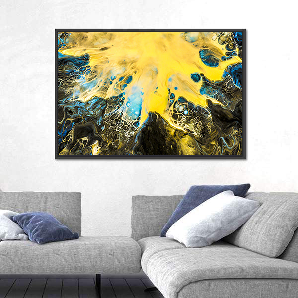 Acrylic Pour Abstract in Gold and Blue Canvas Wall Art