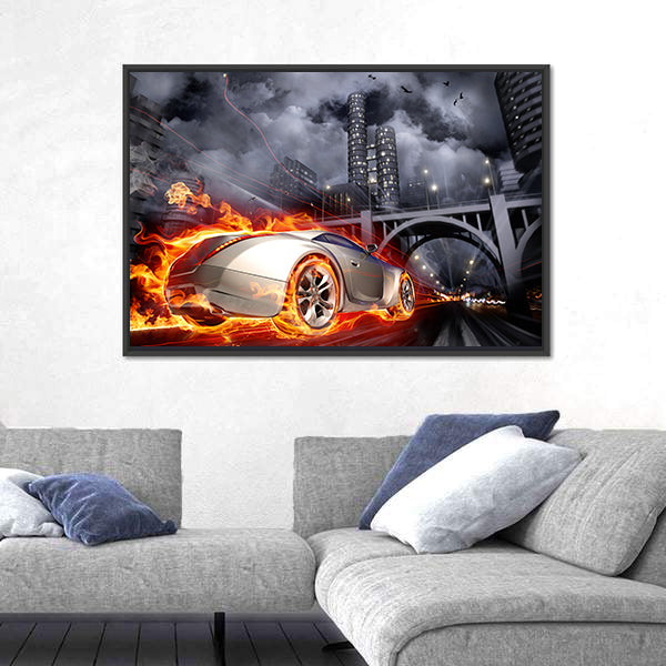 Flaming Sports Car at Night Canvas Wall Art