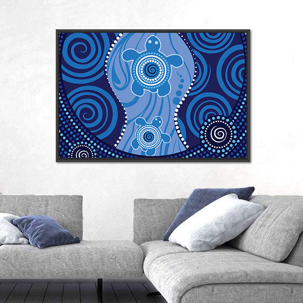 Blue Aboriginal Sea Turtles Dot Painting Canvas Wall Art