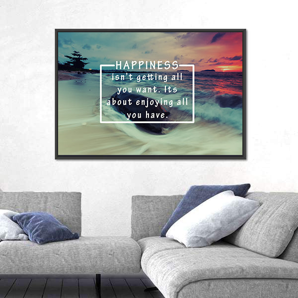 Happiness Quote Over Sunset Beach Canvas Wall Art
