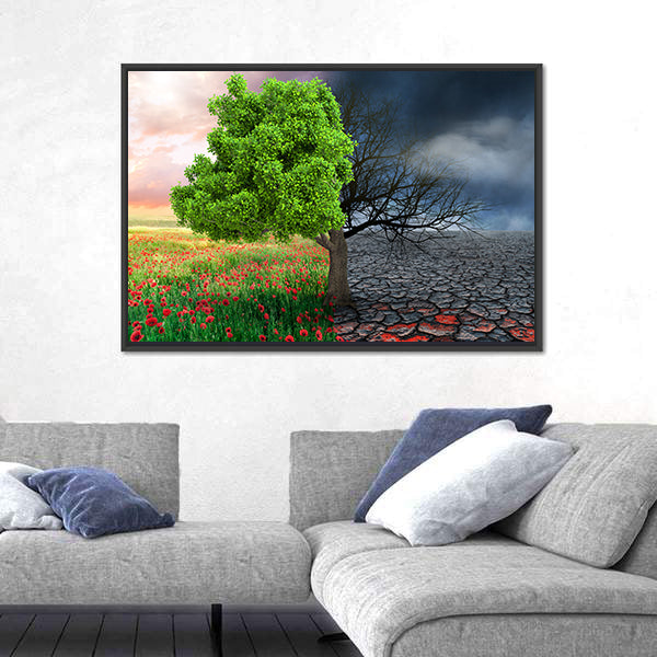 Split Tree with Poppies and Cracked Earth Canvas Wall Art
