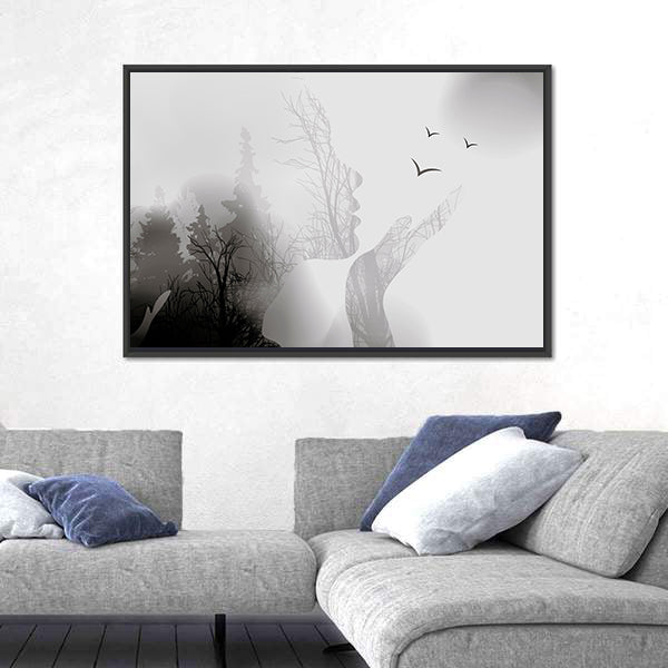 Woman Silhouette with Forest and Birds Canvas Wall Art