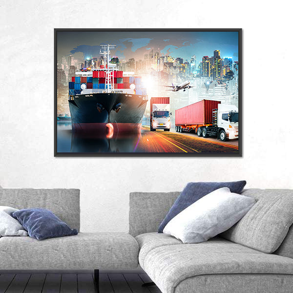 Global Logistics Collage with Cargo Ship and Containers Canvas Wall Art