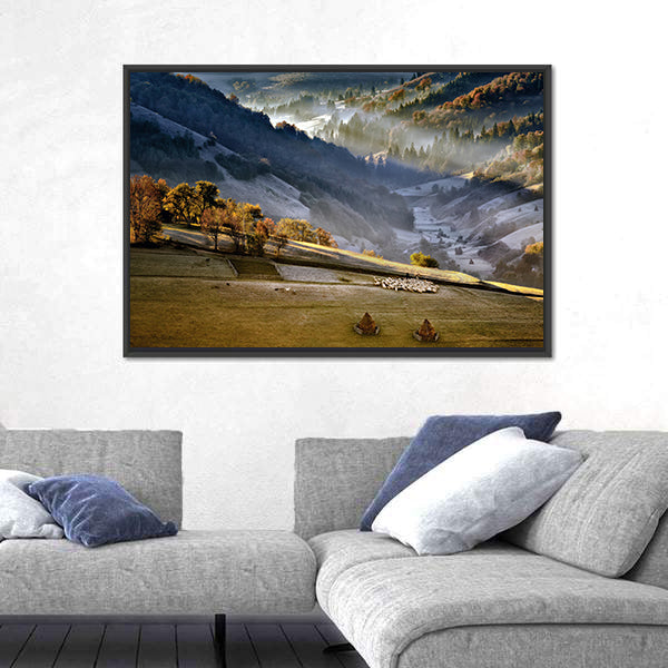 Shepherd With Sheep Heard In The Mountains Of Romania Canvas Wall Art