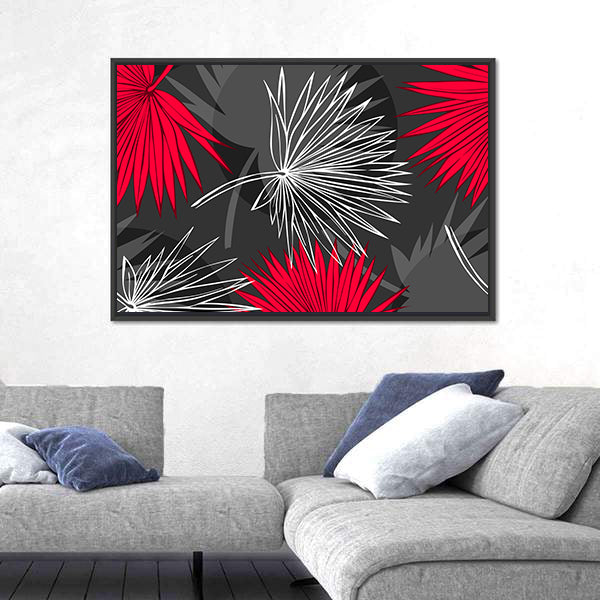 Red and Gray Palm Leaf Pattern Canvas Wall Art