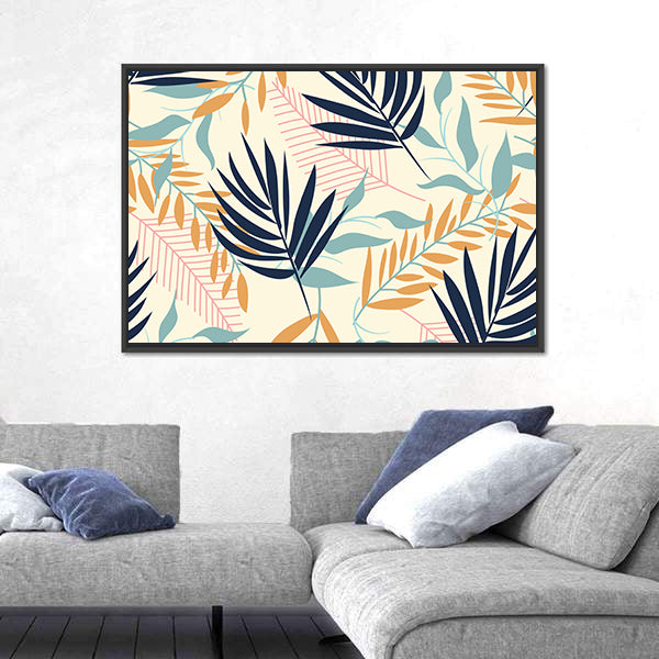 Tropical Leaves Pattern in Navy and Mustard Canvas Wall Art