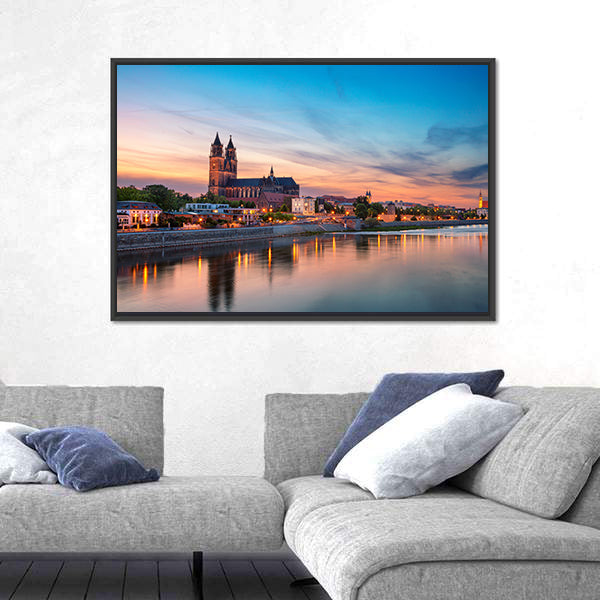 Magdeburg City And Elbe River At Sunset In Germany Canvas Wall Art