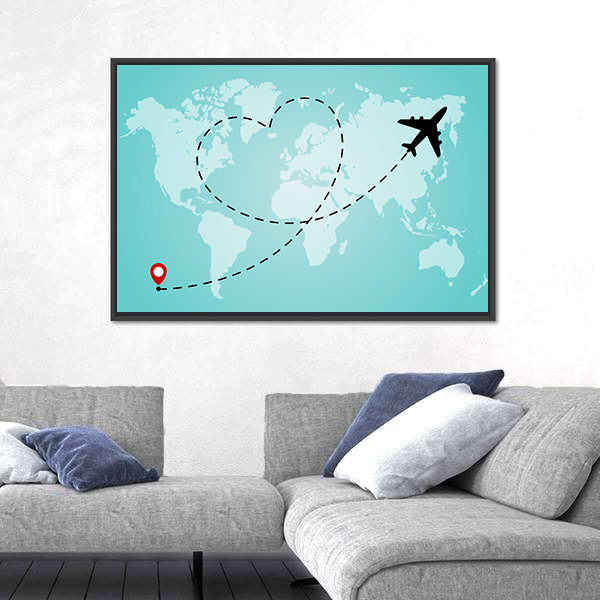 World Map With Airplane Canvas Wall Art