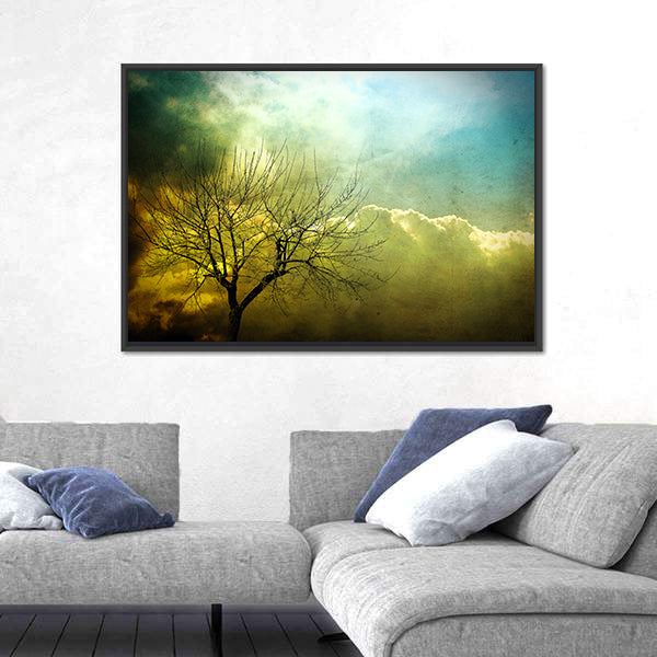Grunge Leafless Tree with Backlit Clouds Canvas Wall Art