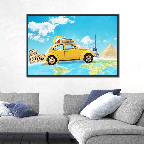 Yellow Vintage Car Over World Map Canvas Wall Art