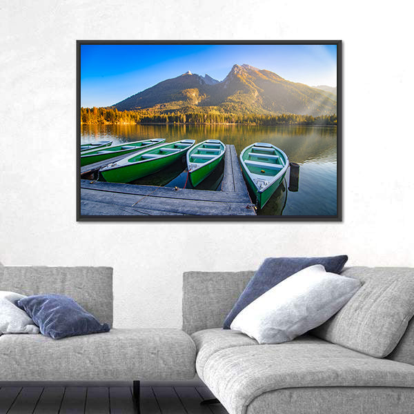 Green Rowboats on Mountain Lake Canvas Wall Art