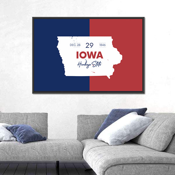 Iowa State Map with Hawkeye Script Canvas Wall Art