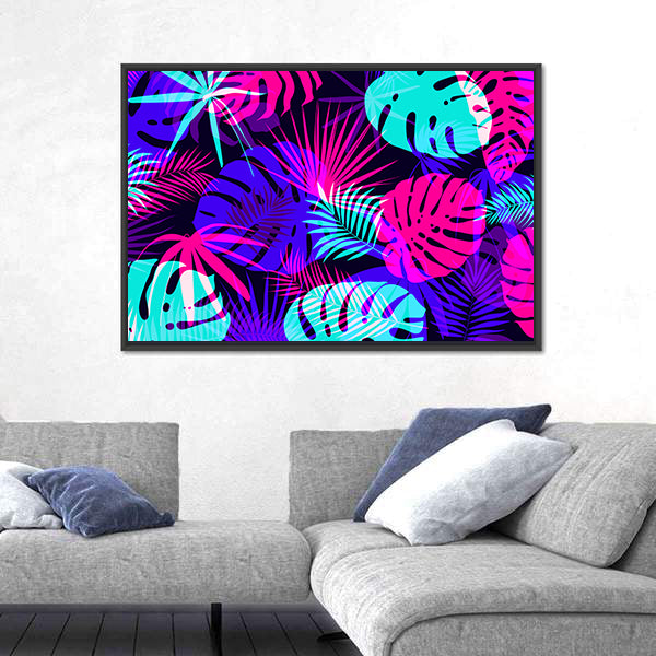 Neon Tropical Leaves Pattern Canvas Wall Art