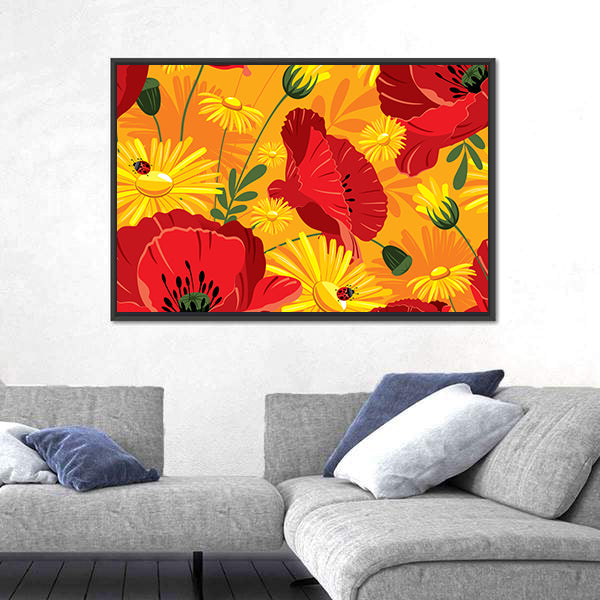 Poppies and Daisies with Ladybugs Canvas Wall Art