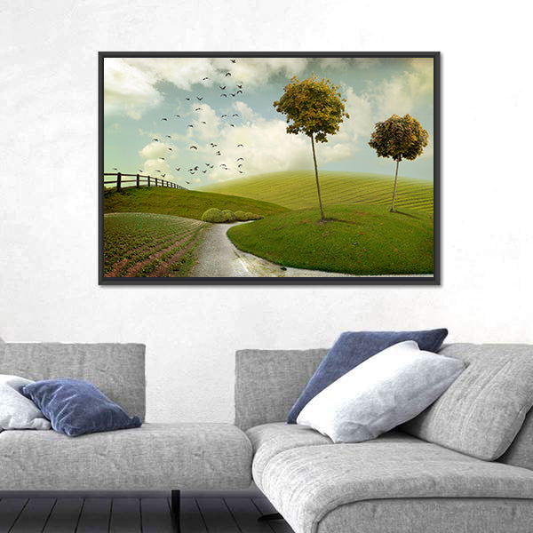 Winding Path Through Surreal Green Hills Canvas Wall Art