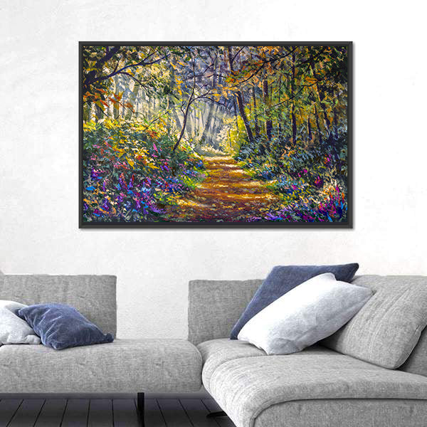Sunlit Forest Path with Wildflowers Canvas Wall Art