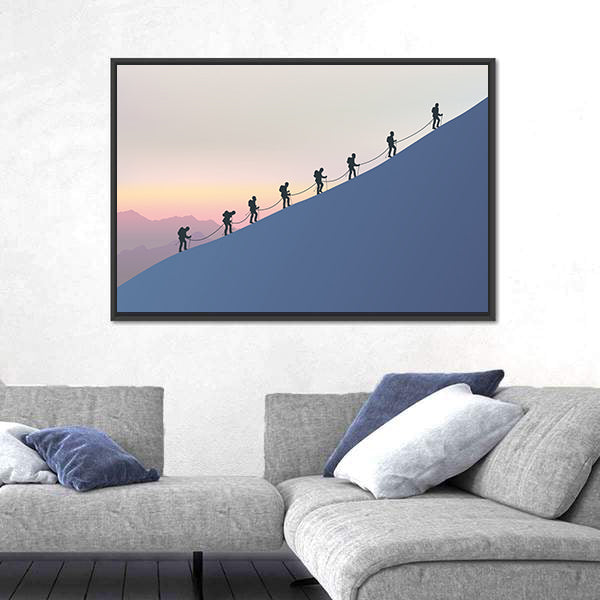 Roped Mountaineers on Slanted Blue Slope Canvas Wall Art