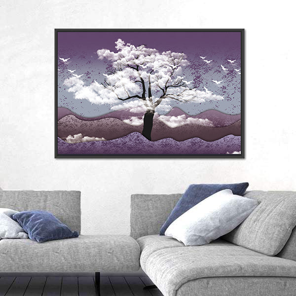 Cloud-leaf Tree Over Misty Lavender Hills Canvas Wall Art
