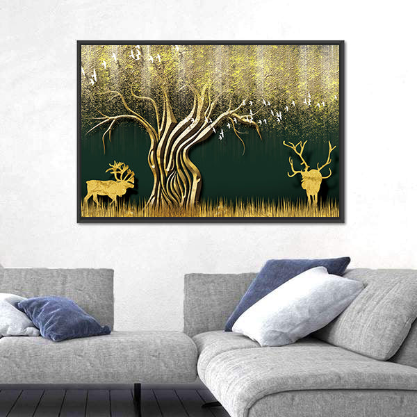Abstract Golden Tree and Deer Silhouettes Canvas Wall Art