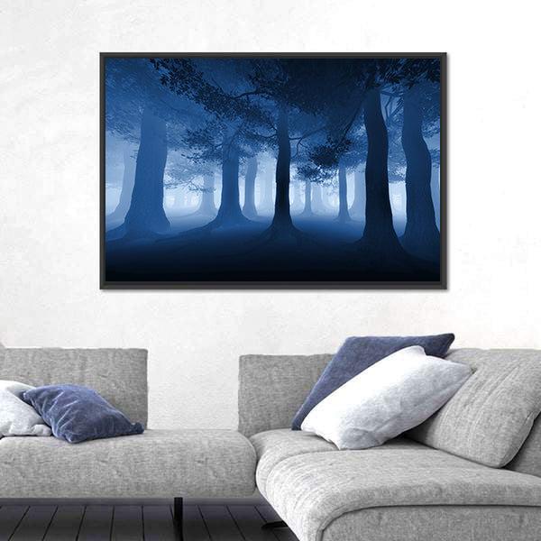 Dark Blue Forest With A Ray Of Light Canvas Wall Art