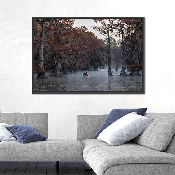 Couple Canoing At Caddo Lake In Texas Louisiana Canvas Wall Art