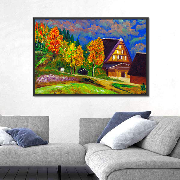 Autumn Gassho-zukuri Village with Glowing Windows Canvas Wall Art