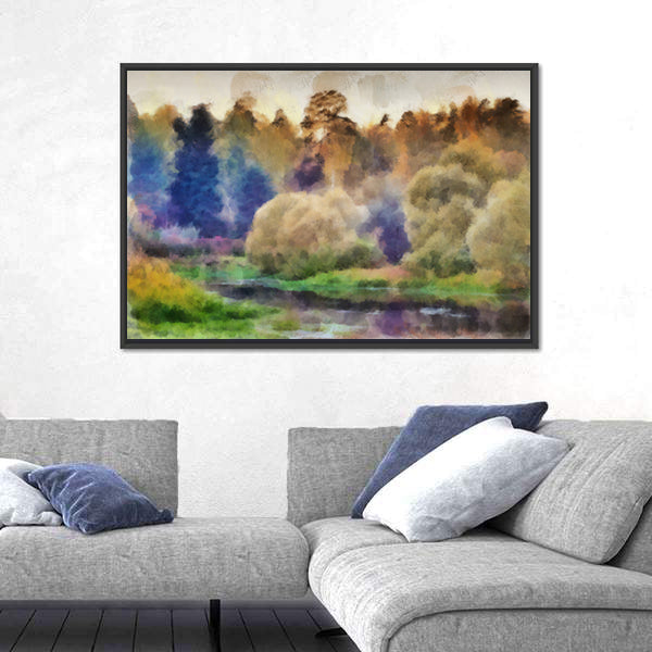 Autumn Watercolor Forest with River Canvas Wall Art