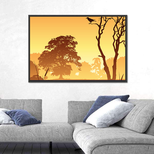 Country Meadow Landscape With Trees And Bird Canvas Wall Art