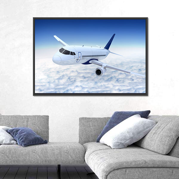 White Jet Banking Above Cumulus Clouds Canvas Wall Art